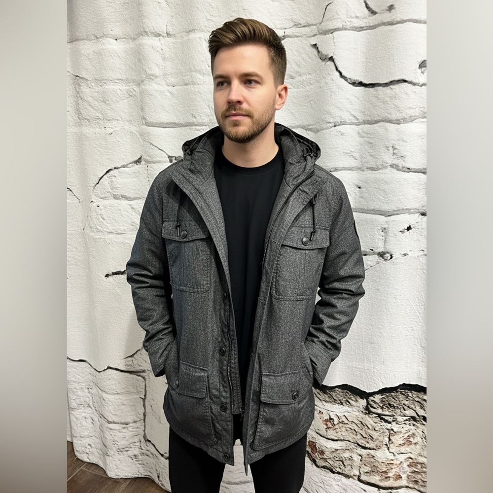 The Journey Black Grey Nylon Zip Up Button Up Hooded Jacket Coat‎